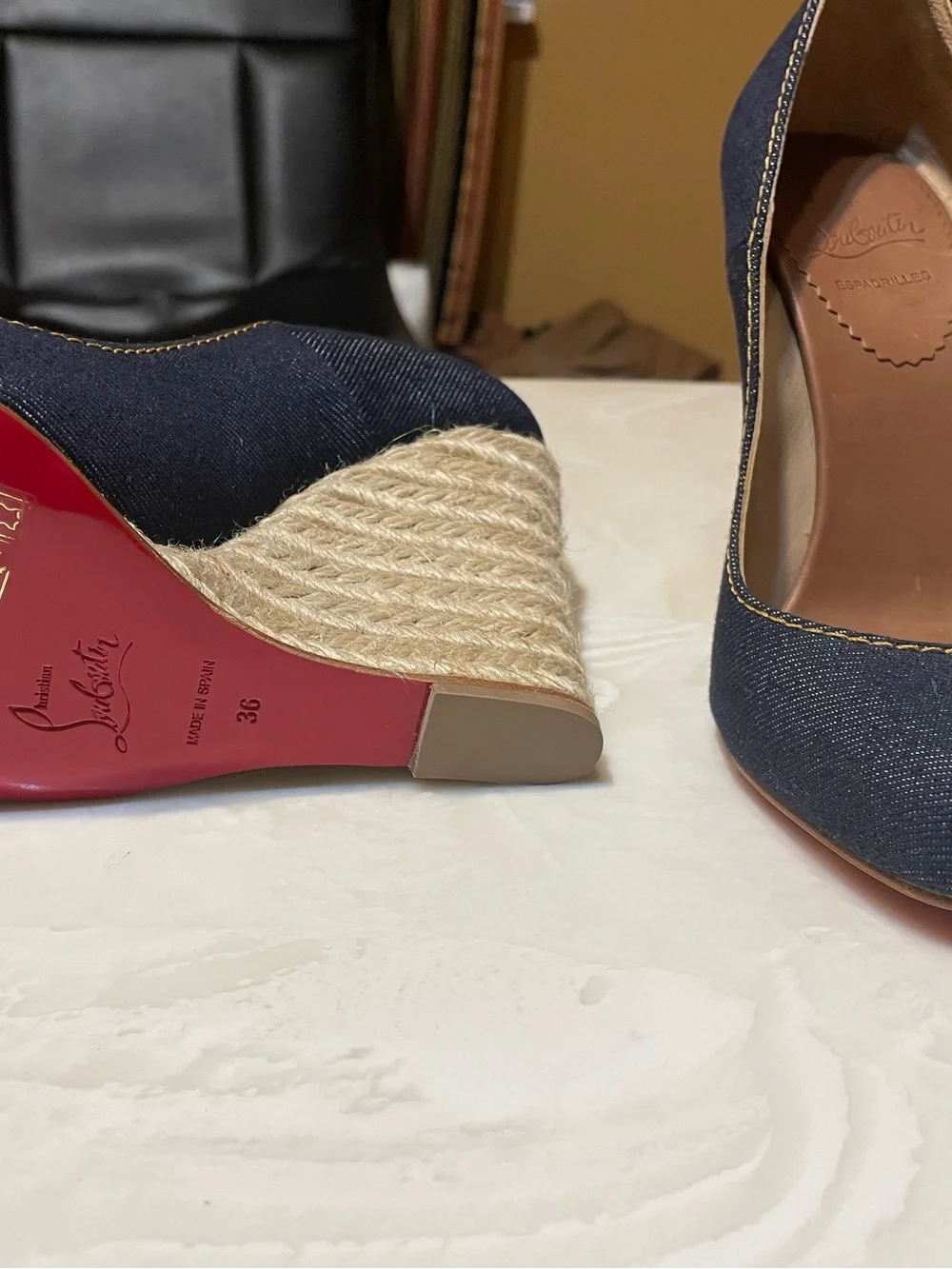 Christian Louboutin Navy Denim Pointed-Toe Pumps with Red Sole